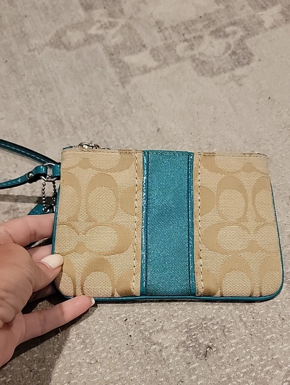 Coach Tan Signature Canvas Wristlet with Jade Green Stripe And Leather Trim